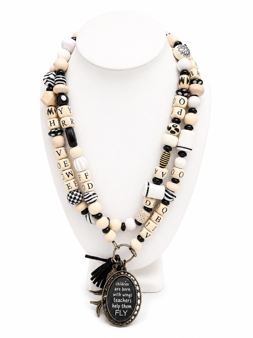 Plunder Teacher Lanyard Necklace “Teach Them Fly” Charm Neutral Boho Beaded NEW